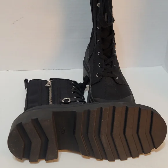 Zara Black Canvas Women's Combat Boots Chunky Heel Lace-up Zip-up Sz40 (US Sz9) - Picture 11 of 16
